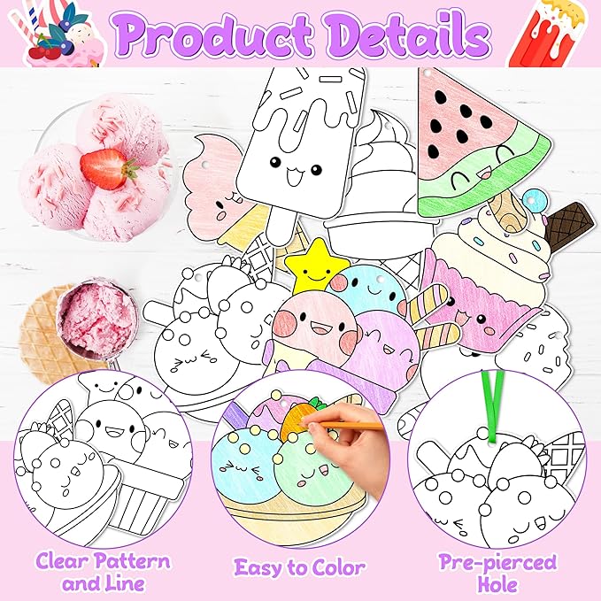 JAPBOR Ice Cream Coloring Craft - 83PCS Summer Ice Cream Themed Party Activities Game Kits for Kids, Color Your Own DIY Desserts Art Cards Hanging Ornament, Draw Paper Book School Activity Party Favor