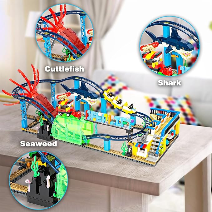 Roller Coaster Building Blocks Set (1308PCS), Compatible with Lego Sets for Boys 8-14, Friends Aquarium Theme Building Kit with Sharks & Cuttlefish Building Toys Gift for Girls