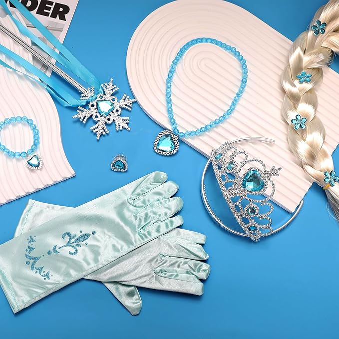 Els-a Princess Dress Costume Girls - 47.24 Inch Froze Cute Blue Princess Skirt Wig Set Role Play for Valentine's Day Birthday Party Gifts for Girls(120cm)