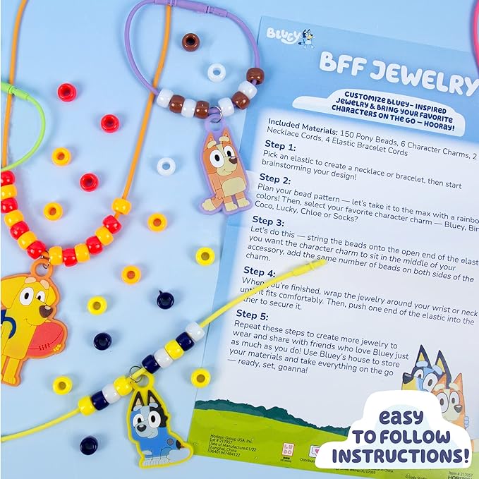 Horizon Group USA Friendship Jewelry Kit, Create Bracelets & Necklaces With 150 Beads & 6 Charms, Bluey Storage Case Included, Gifts for Kids