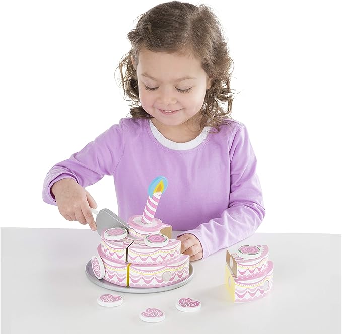 Melissa & Doug Triple-Layer Party Cake Wooden Play Food Set - Birthday Cake Pretend Food Play Set For Toddlers, Kids Ages 3+