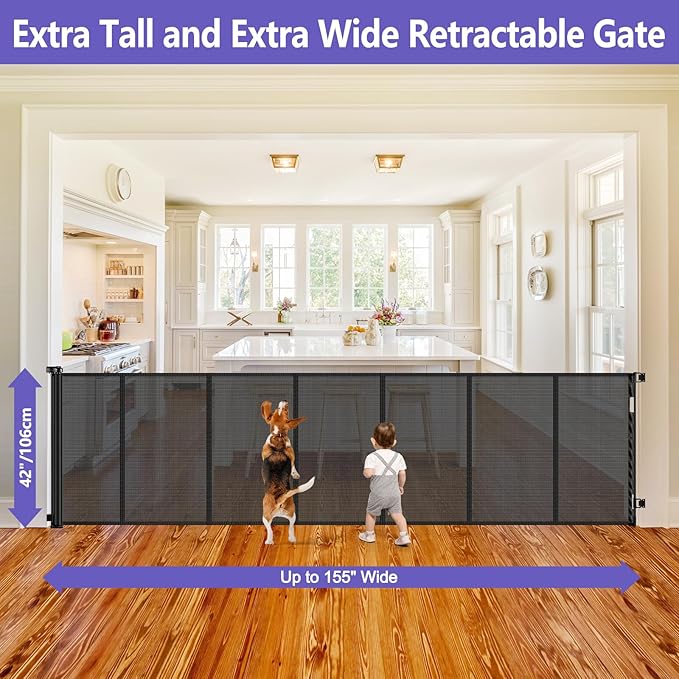 Reinforced 42" Tall Retractable Dog Gate, 155" Extra Long Retractable Baby Gate with Support Rods - Prevent Crawling Under, Indoor/Outdoor Retractable Gate Extra Tall Baby Gate Retractable Fence/Black