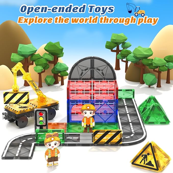 Kids Games Magnetic Tiles Road Set with Extendable Magnetic Crane, City Construction Building Toys for Toddlers STEM Preschool Toys Ages 4-6 5-7, Gifts for 3+ Year Old Boys Girls Kids Toys with Car