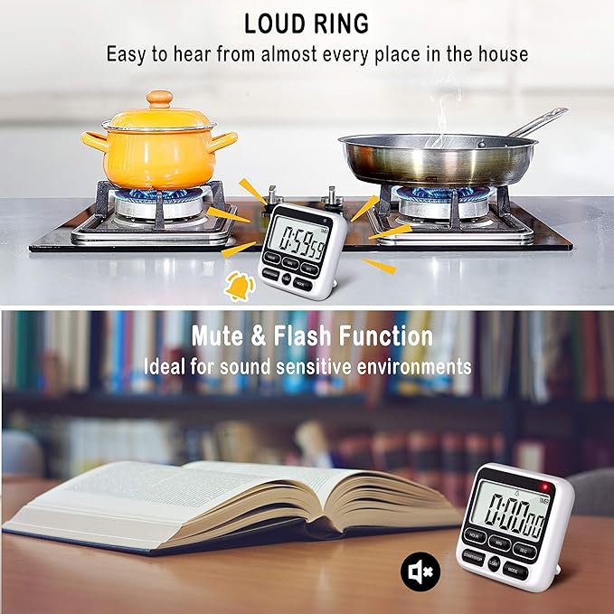 KTKUDY Digital Kitchen Timer with Mute/Loud Alarm Switch ON/Off Switch, 24 Hour Clock & Alarm, Memory Function Count Up & Count Down for Kids Teachers Cooking, Large LCD Display, Strong Magnet (Black)