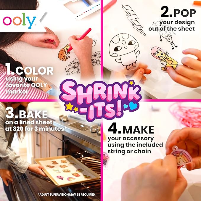 Ooly Shrink-Its 28 PC DIY Shrinking Art Kit That Creates Charms and Tags, Includes 20 Plastic Pre Cut Charms and More, No Mess Art for Kids, DIY Creative Activity, Ideal Party Favor - Cute Crew