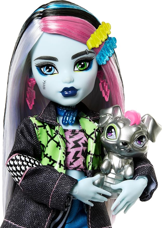 Monster High Frankie Stein Doll in Denim Jacket & Shorts, Includes Pet Dog Watzie & Accessories Like a Backpack, Snack & Notebook