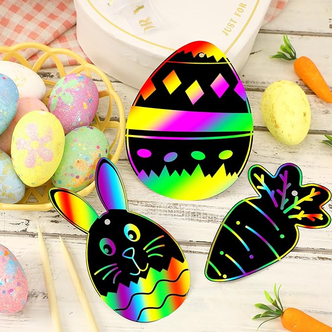 JULMELON Easter Crafts for Kids, 36 Pack Magic Rainbow Scratch Paper Kit Cute Bunny Scratch Art for Kids Easter Party Favors Gifts Egg Basket Stuffers