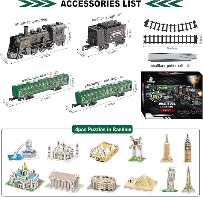 Electric Train Sets for Boys Girls Metal Alloy Christmas Trains Toys Steam Locomotive, Passenger Carriages, Tracks, Light & Sounds Rechargeable Birthday Gifts for Kids 3 4 5 6 7 8 + Years Old Green …