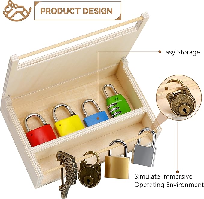 8 PCS Montessori Lock and Key Toy Set for Toddlers, Wooden Montessori Materials, Homeschool Preschool Keys and Locks Learning, Educational Easter Toys for Boys Girls Kids 3+ Year Old