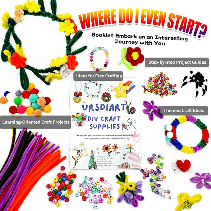 URSDIART 1000+Pcs Art and Craft Supplies, Colored Beads and Pipe Cleaners Crafts, Art Supplies DIY Craft Kit Beads for Bracelets Making Jewelry Necklace, Gift for Girls and School Supplies