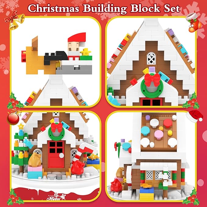 Christmas Gingerbread House Building Blocks Toy, 571 Pcs Building Sets Christmas Decoration with Dust Cover, Mini Building Kit, Holiday Display Gift for Christmas, Stocking Stuffers for Kids Adults