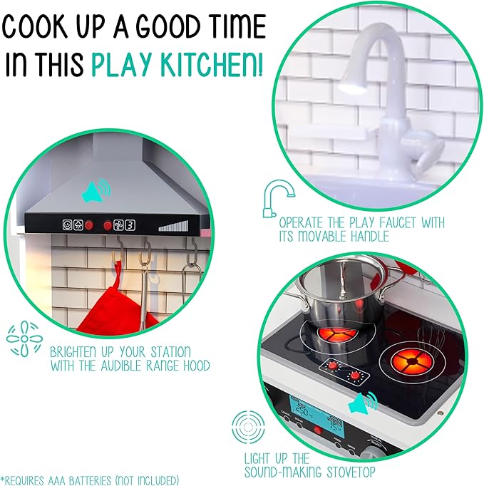 Lil' Jumbl Kids White Small Kitchen Set, Pretend Wooden Play Kitchen, Includes Range Hood, Microwave, Stove Top, Oven That Make Realistic Sound & Light, Pots, Pan, Cutting Board & Utensils Included,