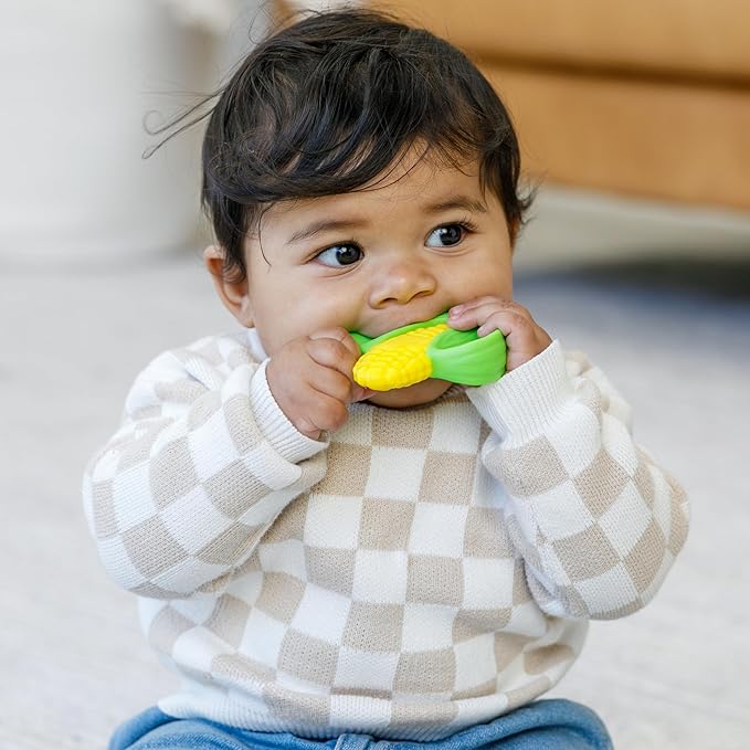 Infantino Lil' Nibbles Textured Silicone Teether - Sensory Exploration and Teething Relief with Easy to Hold Handles, Corn