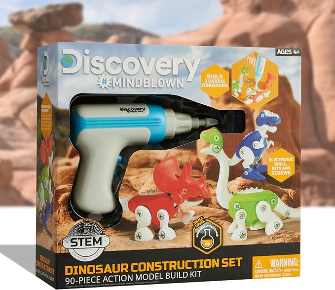 DISCOVERY #MINDBLOWN Dinosaur Construction Set, 90-Piece Action Model Build Kit, Kid-Safe Electronic Tools & Screws, Create T-Rex Triceratops, Prehistoric Monster Learning STEM Toy For Paleontologists