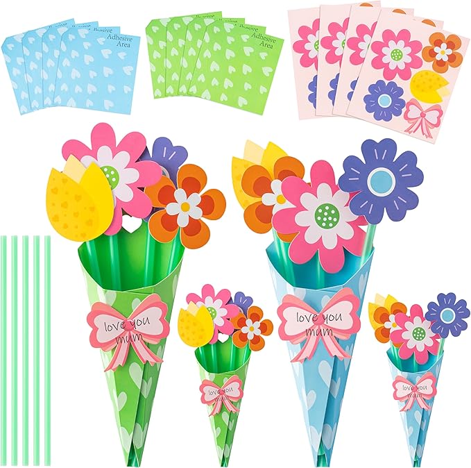 BeYumi Flower Bouquet Craft Kit - 48Pcs Mother's Day Flower Bouquet Craft in Two Colors for Kids Make Your Own Flower Bouquet Teacher Appreciation Week DIY Gift School Classroom Home Fun Activities