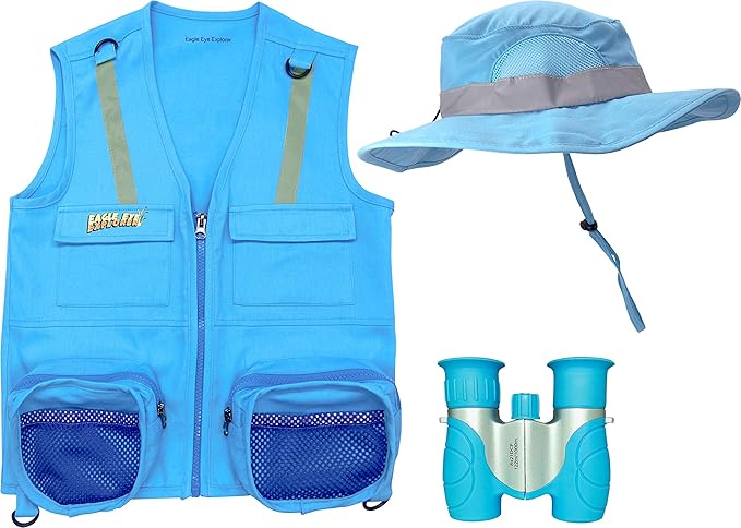 Multi-Piece Set Cargo Vest with Reflective Safety Straps, 1 8x21 Magnification Binoculars and Safari Hat for Boys and Girls (Small/Medium, Light Blue Vest, Hat and Binoculars)