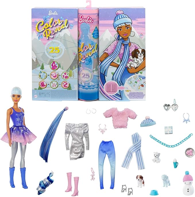 Barbie Color Reveal Advent Calendar, 25 Surprises Include Color Reveal Doll, 1 Color Reveal Pet, Clothes, Accessories & Kid-Sized Bracelet with 2 Charms, Gift for Kids 3 Years Old & Up