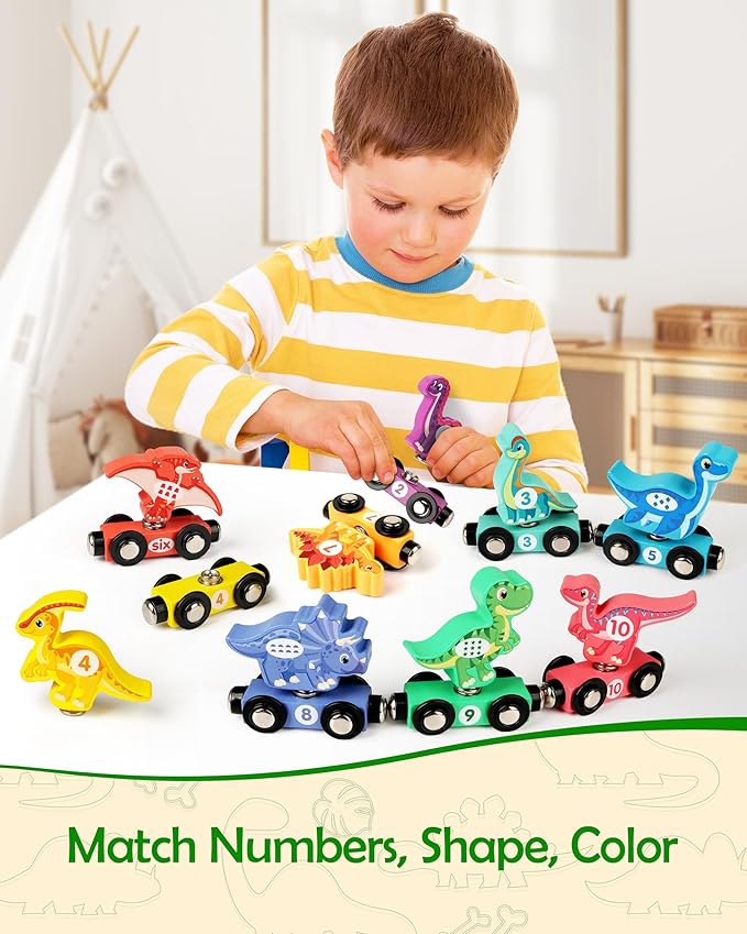 Vanmor Wooden Dinosaur Train Set for Toddlers - Magnetic Dinosaur Toys and Number Train, Perfect for Toddler Activities, Birthdays, and Educational Gifts for Boys Aged 3-5,Dinosaur Easter Gift