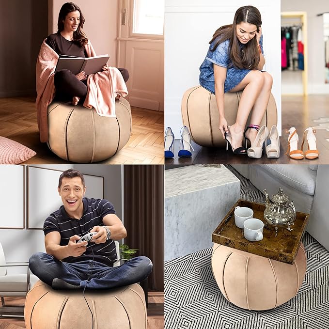 Louis Donné Pouf Ottoman Cover, Unstuffed Round Ottoman for Storage Solution, Supersoft Handmade Moroccan Decor Foot Rest, Footstool, Pouffe Seat for Balcony, Faux Leather Floor Chair, ONLY Cover