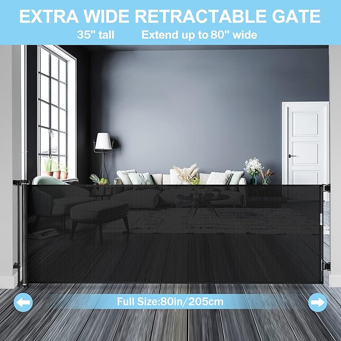 80 Inch Extra Long Retractable Baby Gates Extra Wide Baby Gates for Large Openings Indoor Retractable Dog Gate for The House Extra Wide Dog Gate Outdoor Mesh Pet Gates Child Gate for Kids (Black)