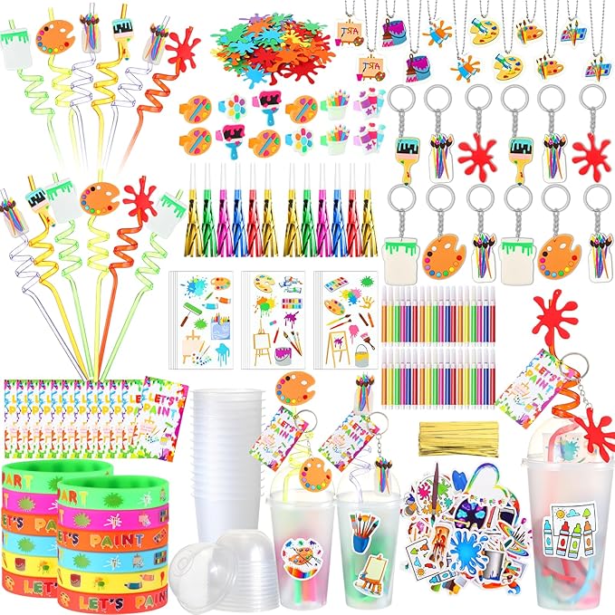 Tondiamo 206 Pcs Art Paint Party Favors Include Gift Cup Plastic Straw Color Pen Keychain Pendant Bracelet Ring Temporary Tattoo Party Blower Card Splatter Confetti for School Reward Birthday Party