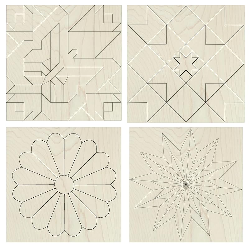 Set of 4 Barn Quilt Kit DIY Pattern Unfinished Wood Quilting Block Sign Paintable Art for Adults and Kids (6 Inches Square) (Butterfly, Patchwork Star, Dresden Flower, Starburst)