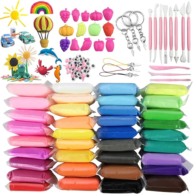Modeling Clay Kit,DIY Creative Air Dry Clay for Kids,36Colors Ultra Light Magic Clays,with Tools,Fruit Models,Animal Accessories for Art Crafts,Non-Toxic,Non-Stick,Ideal Clay Kits Gift for Girls Boys