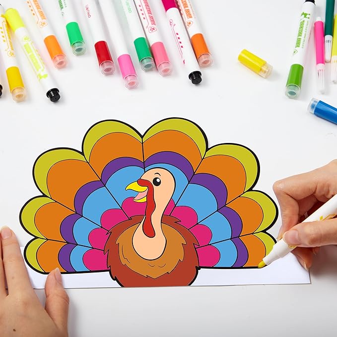 JOYIN 24 Pcs Thanksgiving Coloring Headbands, Thanksgiving Color Your Own Turkey Crowns Kids Craft Set for Thanksgiving Kids School Activities Class Events Thanksgiving Party Decoration Supplies