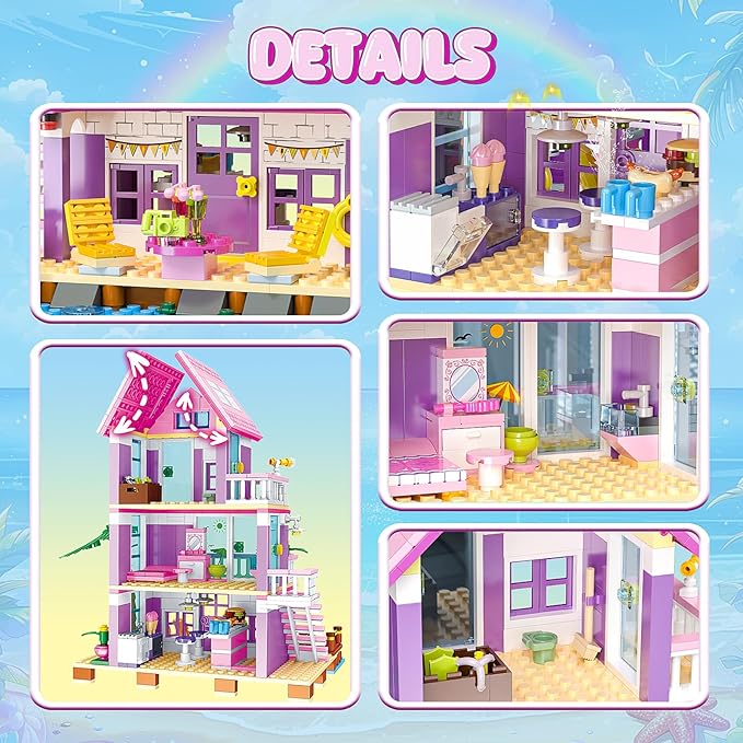 Beach House Building Set, Seaside Villa House Building Toys Compatible with Lego Friends Sets for Girls Age 8-12, Creative Holiday Cottage Building Kit, Birthday, Valentine's Day