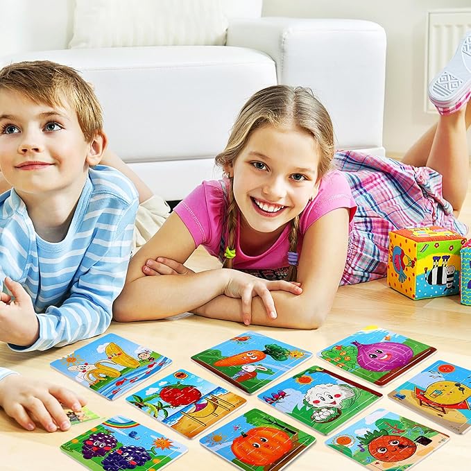 SANNIX 12 Pack Wooden Jigsaw Puzzles for Toddlers 3 4 5 Years Old, Party Favors Animals Jigsaw for Kids, Transportation Educational Puzzles Travel Toy with 12 Organize Bags