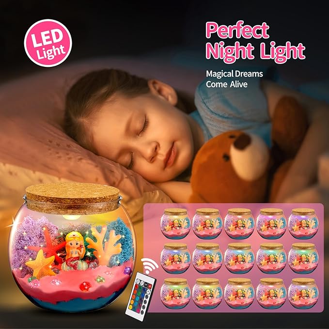 Mermaid Terrarium Kit for Kids, Light Up Terrarium Arts & Crafts Kit with Mermaids Toy for Girls, Fun DIY Mermaid Arts and Crafts Projects, Birthday Gifts for Girl Ages 3 4 5 6 7 8 9 10 11 12 Year Old