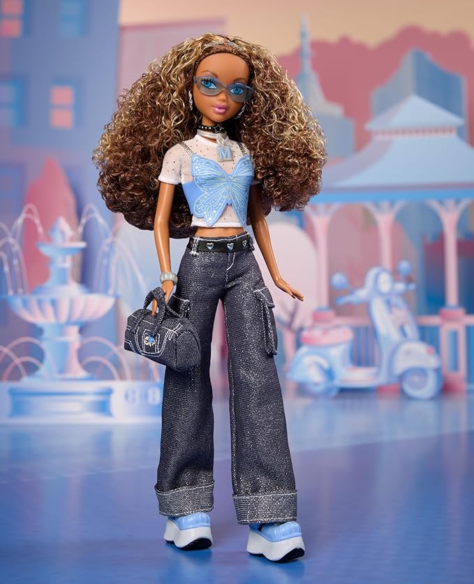 Barbie Signature My Scene Madison Doll & Accessories, Y2K-Inspired Outfit with Butterfly Top, Cargo Jeans, Denim Bag & Display Stand