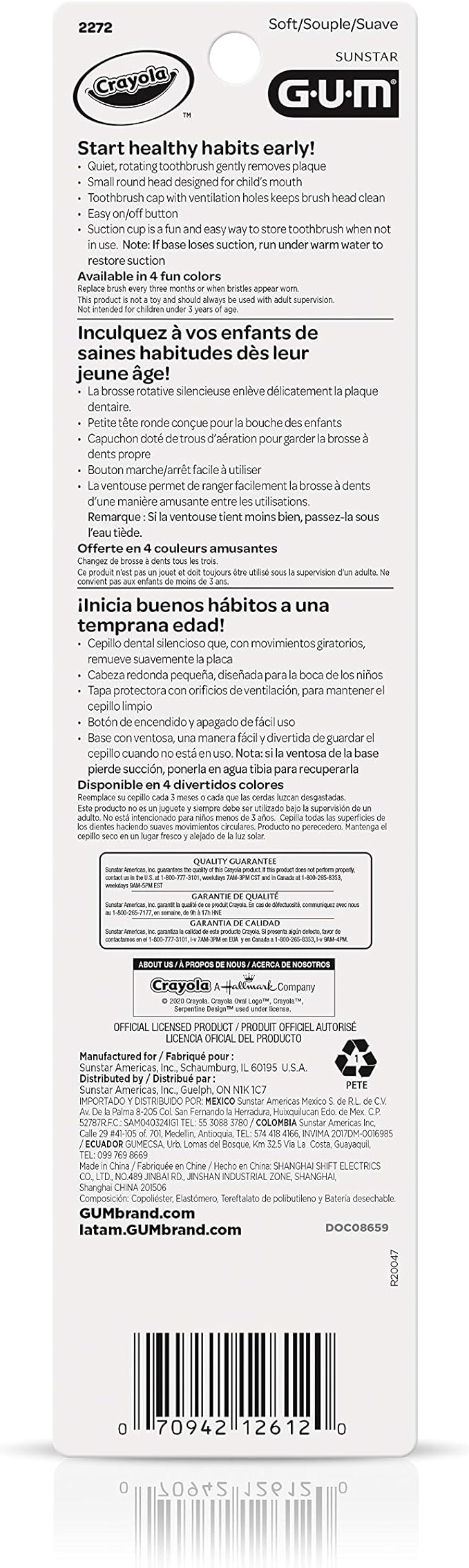 GUM Crayola Power Toothbrush for Kids, Extra Soft Bristled Toddler Toothbrushes, Travel Cap + Suction Cup Base, Batteries Included, 1ct