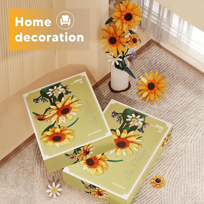 Sunflower Building Blocks Sets Flower Bouquet with Vase for Adults Teens, Flower Garden Building Toys for Girls Boys Home Decor - 821Pcs