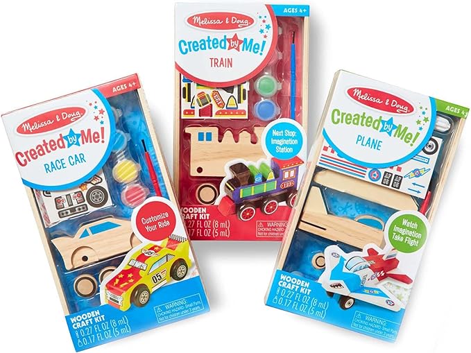 Melissa & Doug Decorate-Your-Own Wooden Craft Kits Set - Plane, Train, and Race Car