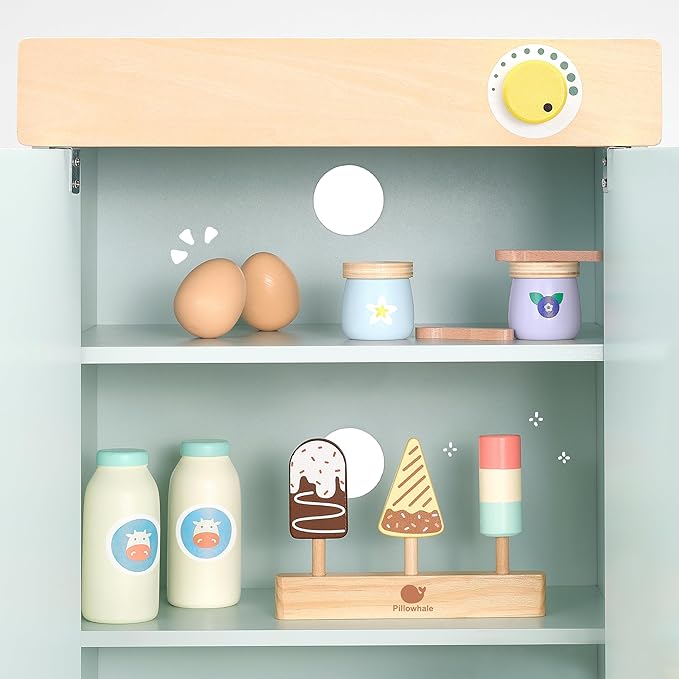 Pillowahle Wooden Play Food for Toddler 3+ Year Old, Kid Toy Food, Pretend Food with Milk Yogurt Egg Ice Cream Toy, Kids Play Kitchen Accessories, Gift for Boys Girls