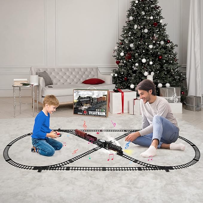 Train Set with Remote Control,Electric Train Track Around Christmas Tree W/Cargo Vehicle,Light & Sounds,Alloy Steam Locomotive Engine Train Toy Gift for Boys Girls 4 5 6 7 8 9 10