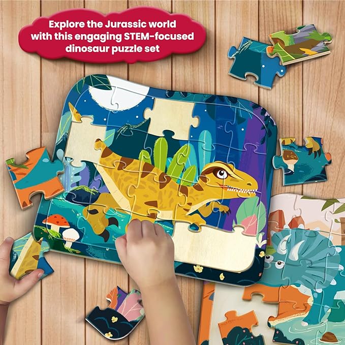 Wooden Dinosaur Puzzles for Kids Ages 4-6, 4 in 1 Gift Box 4-Pack 20-Piece Jigsaw Puzzles Come with 4 Small Dino Figures,Preschool Educational Toys Gifts for Kids Boys Girls Ages 3+