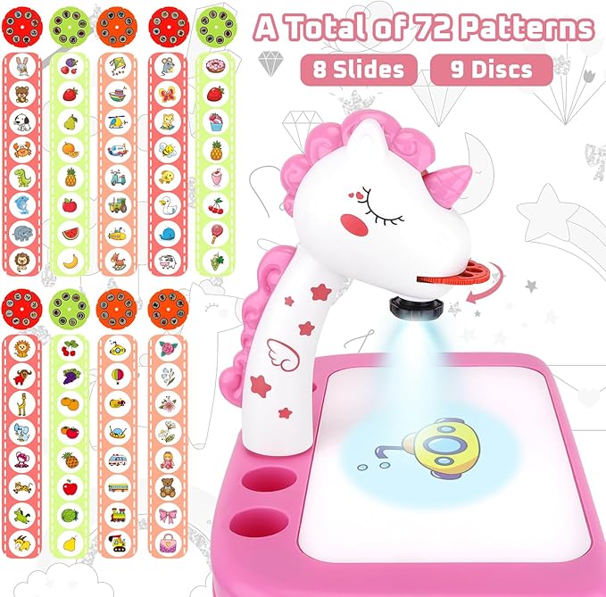 Drawing Projector for Kids，Projector for Drawing Toys for Ages 5-7，Drawing pad with Music，Pencils，Crayons，Scrapbook，Sticker Book，Unicorn Stickers，Kids Projector Unicorn Toys for Girls Age 4-6