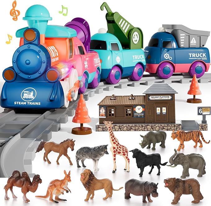 Train Set for Toddlers, Electric Train Toys with Light, Music and Animals, Toddler Magnetic Train Track Playset 3-5, Birthday Gifts for 3 4 5 Years Old Boys Girls