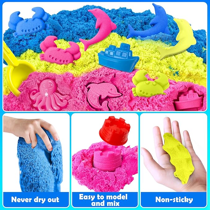 ESSENSON Sensory Bin - 52 PCS Play Sand Kit with 3lbs Magical Sand, Beach Toys Castle Molds Sand Molds, Sensory Toy Sandbox, Kids Gifts for Girls and Boys