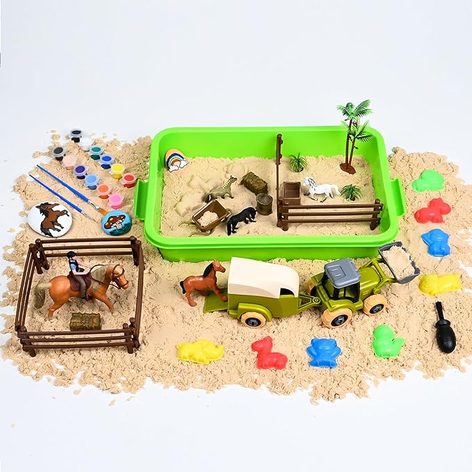 Sensory Bin - Horse Stable Playset Play Sand for Kids,Sandbox with Cover, 1.7 LB Magnetic Sand，Tractor and Stable, Rider and Horse,Rock Painting Kit,Sensory Toys for Autism 3 4 5 6 7 8 Year and Up