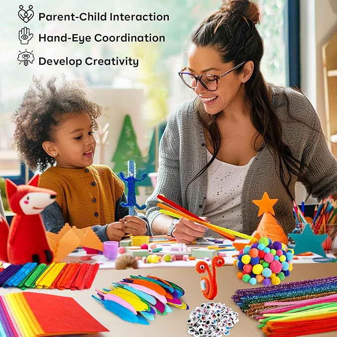 FUNZBO Arts and Crafts Supplies for Kids - Crafts for Girls with Pipe Cleaners, Construction Paper, Pom poms & Googly Eyes, Crafts for Kids Ages 4-8, School Craft Projects, Gifts for Girls