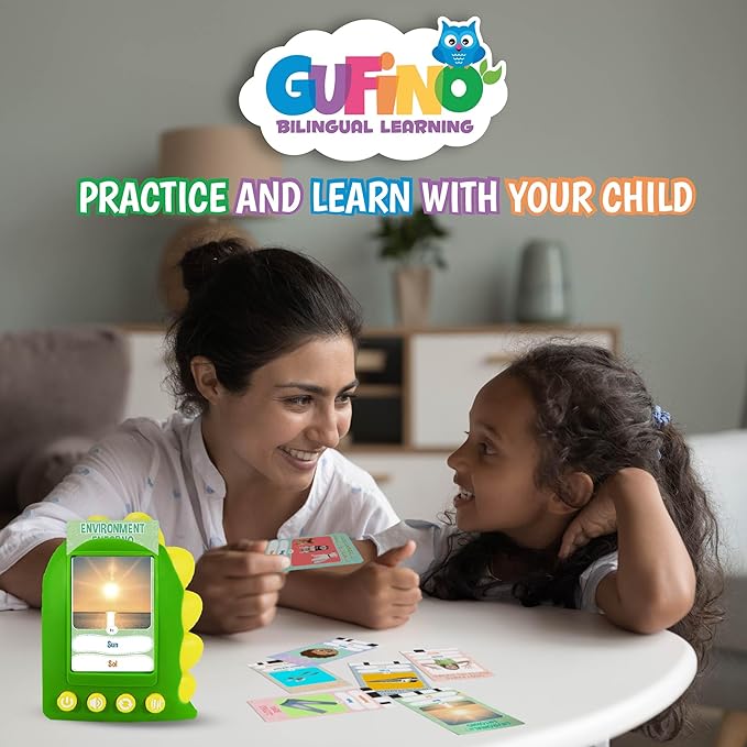 GUFINO Talking Flash Cards – 300 Spanish Flashcards for Kids for Cognitive Abilities & Boost Language Development – Learning Games, Blue Toddler Boy Gifts. See and Say Toys for Toddlers