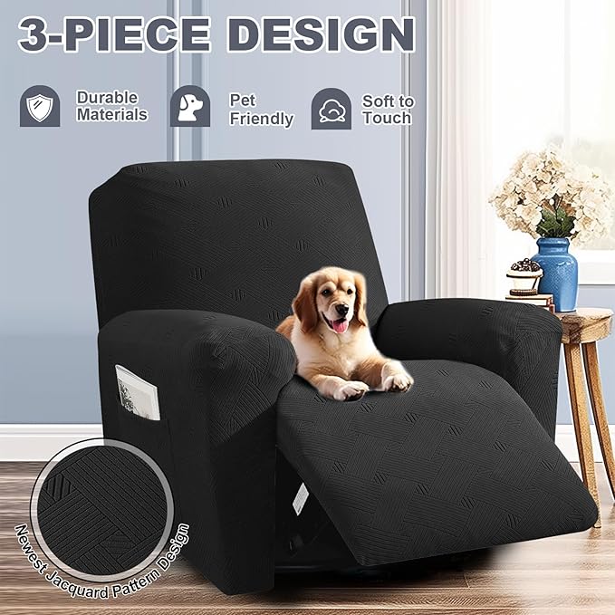 JIVINER Recliner Chair Covers, Jacquard 3 Piece Slipcovers for Recliner Chair Soft Stretch Lazy Boy 1 Seater Reclining Protector with Pockets (Recliner, Black)