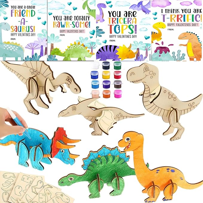 Valentines Day Gifts for Kids,23 Set 3D Puzzles Dinosaur DIY Painting Kit,Funny Dino Valentine Exchange Cards for Boys Girls Toddler School Class Classroom Party Favors (23)