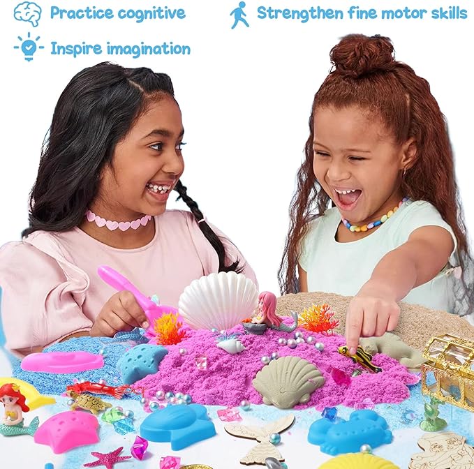 G.C Mermaid Sensory Bin for Girl Kid Toy, 103pcs Play Sand Art Kit with Sandbox/2lb Color Sand/6 Molds/Treasure Box/Shell, Ocean Sensory Toy Christmas Birthday Gift for Girl Toddler Ages 3 4 5 6 7 8