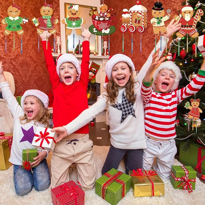 gisgfim 16 Pack Christmas Gingerbread Man Wind Chime Kits Crafts for Kids Make Your Own Wind Chime Wooden DIY Coloring Art Craft for Xmas Party School Classroom Decorations Supplies Birthday Favors