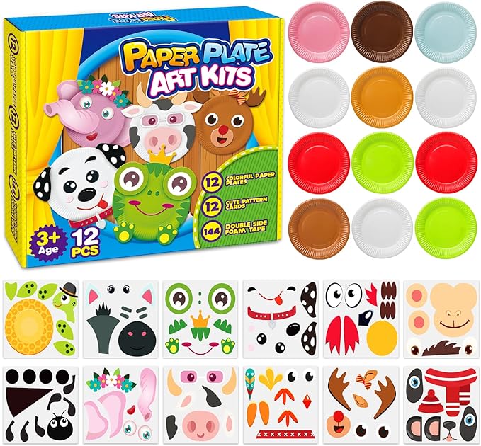 V-Opitos Arts and Crafts Kits for Kids, 12 Pack Simple Animal Paper Plate Crafts for Toddler Age of 2, 3, 4, 5 Years Old, Fun Preschool Classroom Activity Project for Boy & Girl