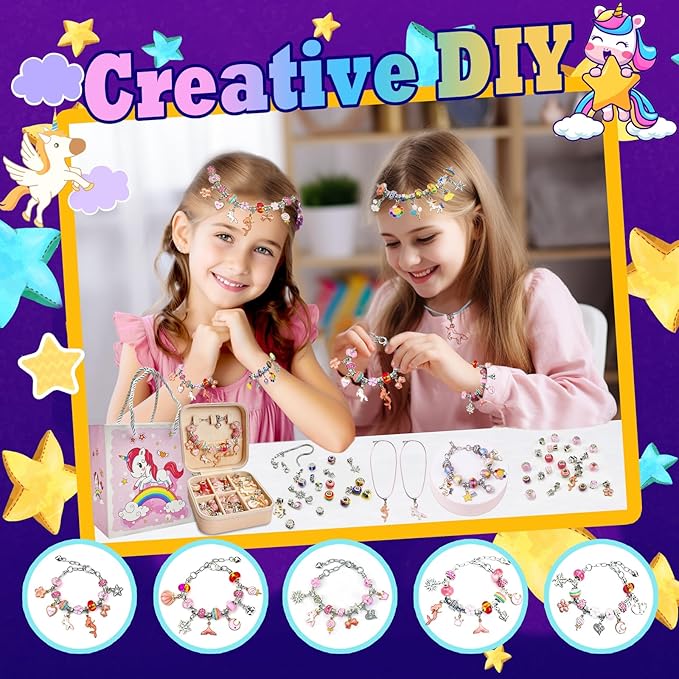 DIY Charm Bracelet Making Kit for Girls Christmas Gifts, 162Pcs Kids Jewelry Making Kit for Girls 4-6 8-12, Birthday Gifts for Girls Age 8-10 with Portable Bracelet Organizer Box